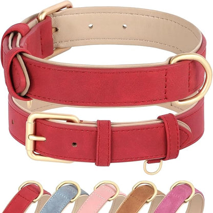 Didog Soft Padded Leather Dog Collar, Adjustable Dog Collar for Large Dogs, Heavy Duty Dog Largr Collar Leather with Metal Buckle and D Ring,Red,XL