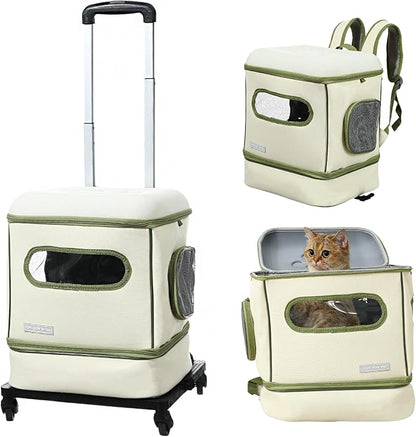 Cat Carrier with Wheels Airline Approved, Rolling Cat Backpack Wheeled Pet Carrier Backpack for Cats, Foldable Pet Travel Bag