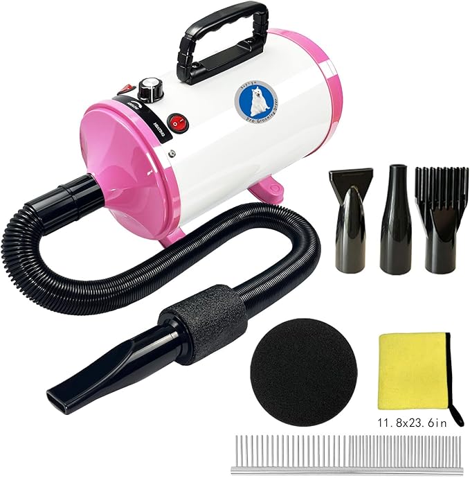 Pet Grooming Dryer with Adjustable Speed for Dogs | Quiet and Powerful Dog Hair Dryer | Includes Different Nozzles, Pet Towel, and Brush | Ideal for Pet Grooming and Home Use (Pink)