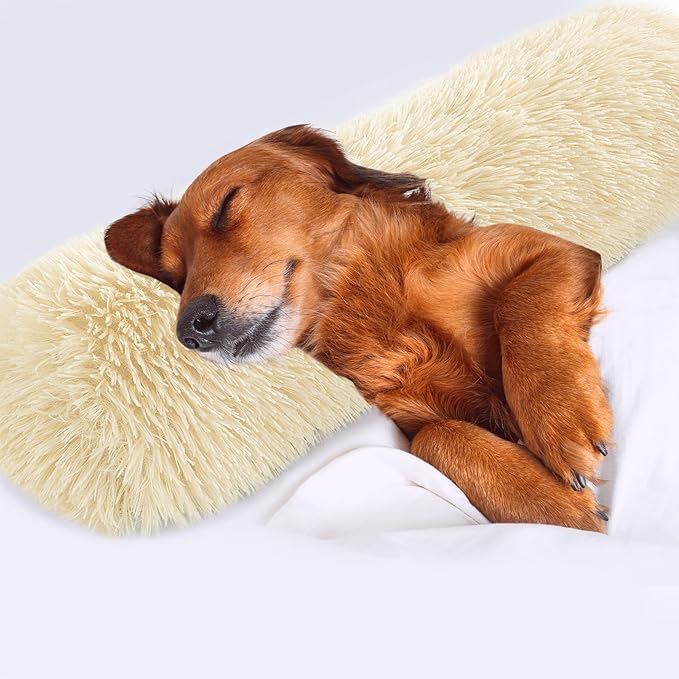 HOMBYS Dog Claming Pillow for Large and Medium Dogs, Soft Faux Fur Dog Neck Pillow Improve Anxiety Relief, Machine Washable Pet Pillow for Dogs & Cats, Pet Calming Toy (Light Beige, 25"x8"x4")