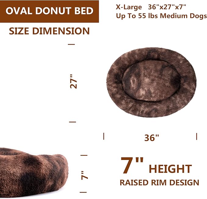 Oval Calming Donut Cuddler Dog Bed Bed(30"/36"/43") for (XL(36"x27"x7"), Brown2021)
