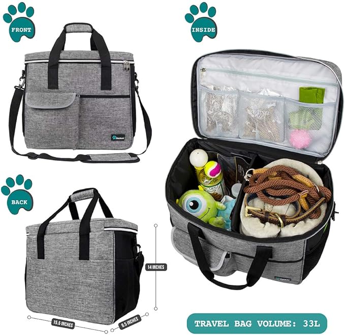 PetAmi Dog Travel Bag, Travel Pet Bag Organizer, Dog Food Travel Bag with Food Container and Bowls, Dog Travel Supplies Gift Accessories for Weekend Camping, Dog Cat Diaper Bag (Grey, Large)