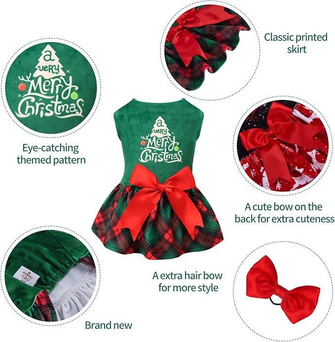 CuteBone Christmas Tree Dog Dress Velvet for Small Dogs Girl Puppy Dresses Green Plaid Dog Clothes CVA05XXS-D