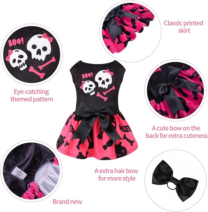 CuteBone Halloween Skulls Dog Dress Velvet for Small Dogs Girl Puppy Dresses Pink Dog Clothes CVA02M-D