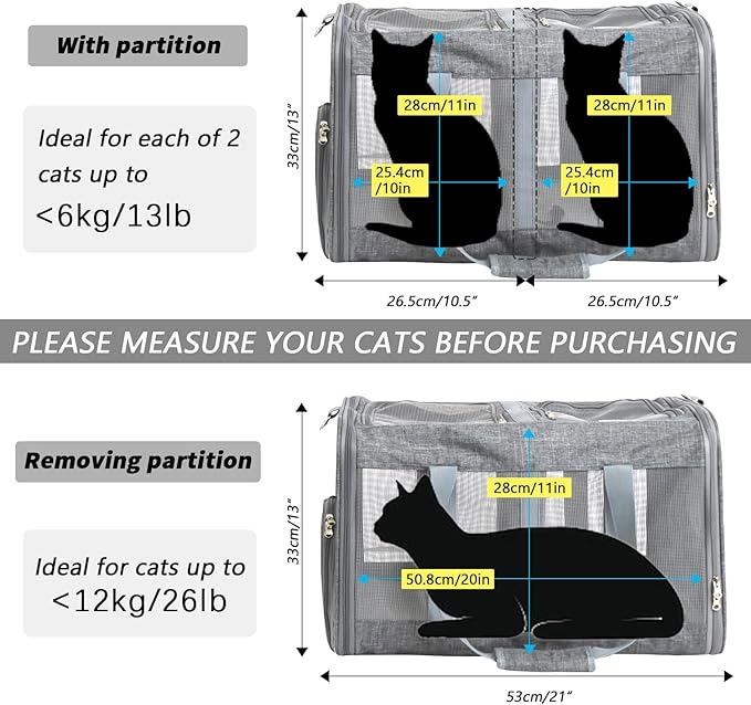 Double Compartment Cat Carrier with Wheels for 2 Cats,Rolling Cat Travel Carrier on Wheels for 2 Small or Medium Cats, Cat Carrier for 2 Cats 21" x 17" x 13",Not Airline Approved