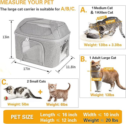 Large Cat Carrier for 2 Cats, Oeko-TEX Certified Soft Side Pet Carrier for Cat, Small Dog, Collapsible Travel Small Dog Carrier, TSA Airline Approved Cat Carrier for Kitten Cats 20 lbs-Gray