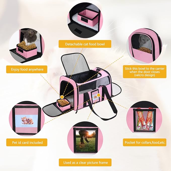 Cat Carrier, Dog Carrier, Pet Carrier Airline Approved for Cat, Small Dogs, Kitten, Cat Carriers for Small Medium Cats Under 15lb, Collapsible Soft Sided TSA Approved Cat Travel Carrier, Pink