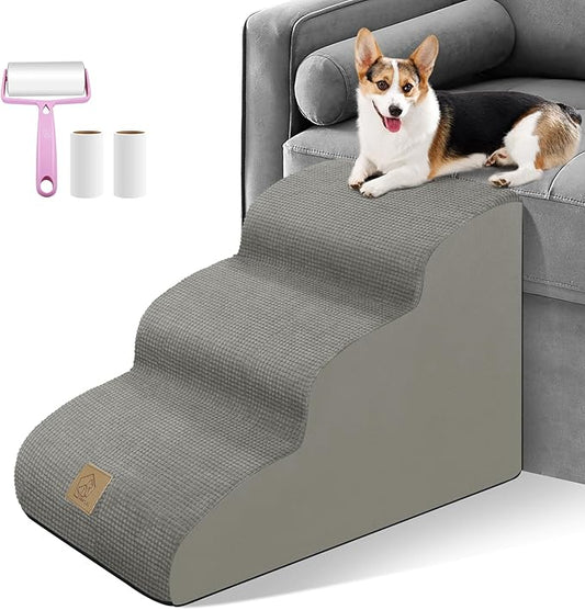 3-Tiers High Density Foam Dog Stairs for High Bed Sofa,Soft Foam Ramp Steps Stairs with Machine Washable Fabric Cover,Slope Stairs Friendly to Pets Joints-1 Lint Roller with 2 Refills,Light Gray