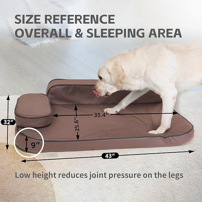 XL Dog Bed for Large Dogs, Easy Clean Dog Sofa Air-Leather-Fabric Pet Bed, Stain & Waterproof Dog Bed with Memory Foam & Washable Cover, Brown, XL Size