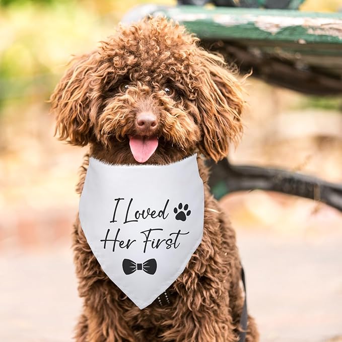 I Loved Her First Wedding Dog Bandana Bridal Party Wedding Engagement Photo Prop Pet Scarf Accessories White Wedding Bandana for Dog Lovers Owner Gift