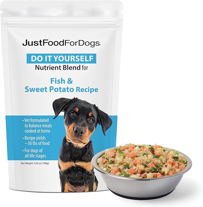 JustFoodForDogs DIY Nutrient Blend for Homemade Dog Food, Fish & Sweet Potato Recipe, 168 grams