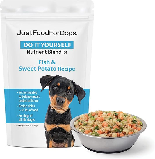 JustFoodForDogs DIY Nutrient Blend for Homemade Dog Food, Fish & Sweet Potato Recipe, 168 grams