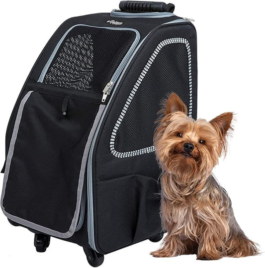 Petique 5-in-1 PET Carrier, Features: Rolling, Top Handle, Backpack, Luggage Attachment, Car Seat All in ONE for Small to Medium Dog, Cat, Bunny, Supports Pets up to 25LBS - Pepper