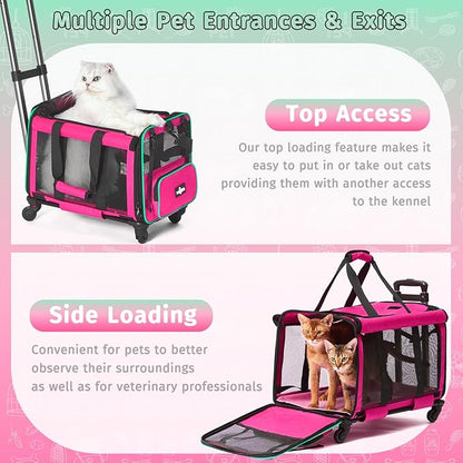 Large Cat Carrier with Wheels, Foldable Rolling Cat Carrier for 2 Cats with Wheels for Cat Dog Under 30 lbs, Cat Carrier Travel Bag with Large Pocket for Outdoor, Pink