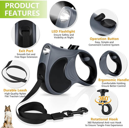Retractable Dog Leash with Flashlight 16ft Walking Leash for Dogs up to 77lbs 360° Tangle-Free