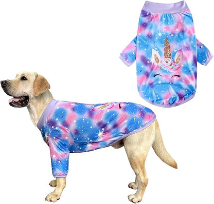 Dog Blue Purple Tiedye T Shirts Shining Unicorn Pattern Printed Pet Shirt Softable Pajamas for Large Dogs (3XL, Blue)