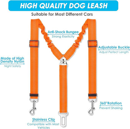 SlowTon Dog Seat Belt, Double Dog Seatbelt Adjustable Vehicle Safety Leash with Elastic Bungee Buffer, Reflective No Tangle Y Shape Two Dog Harness Seat Belt Splitter for Pets Car Trip (Orange, M)