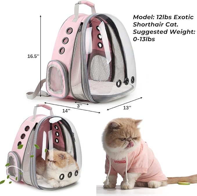 LOLLIMEOW Pet Carrier Backpack, Bubble Backpack Carrier, Cats and Puppies,Airline-Approved, Designed for Travel, Hiking, Walking & Outdoor Use (Front Expandable-Pink)