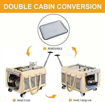 Rolling Cat Carrier on Wheels for 2 Cats - Double Compartment Cat Carrier with Wheels for 2 Small and Medium Cats - Ideal for Traveling/Hiking/Camping - 21" x 17" x 13" Not for Airline