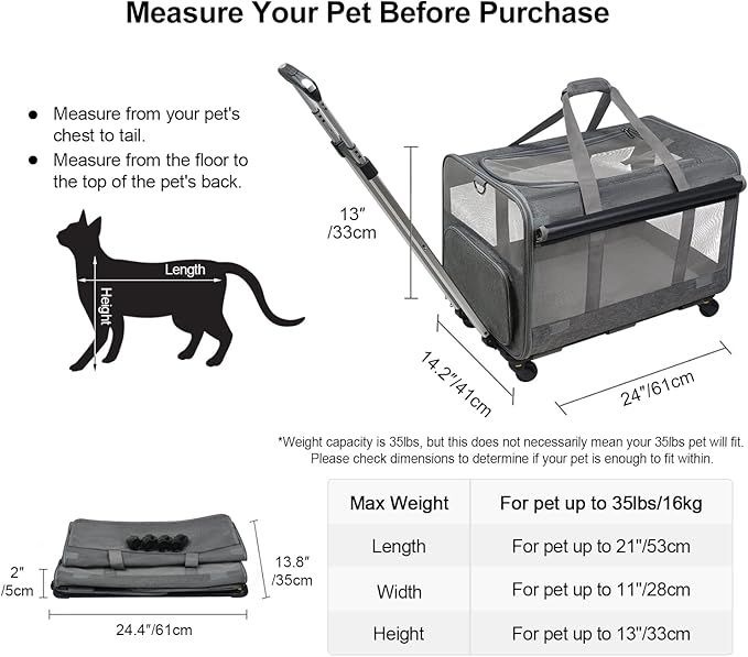 GJEASE Large Pet Rolling Carrier with Wheels for Up to 35 LBS,with Durable Handle and Flexible Wheels,Breathable and Collapsible Carrier for Small & Medium Pets