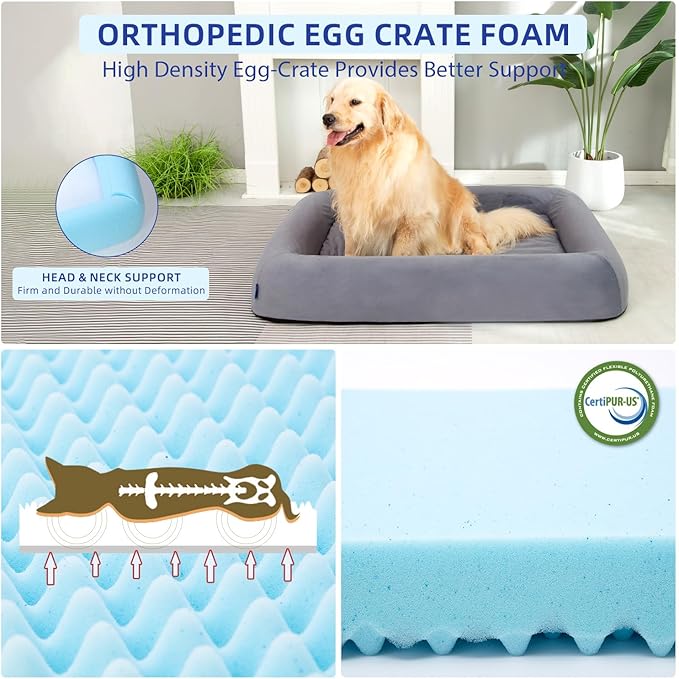 pettycare Orthopedic Dog Bed for Large Dogs Waterproof Pet Bed Soft Sofa with Two Fabrics Washable Removable Cover Egg Foam Support Anti-Slip Bottom Extra Head and Neck Support Sleeper