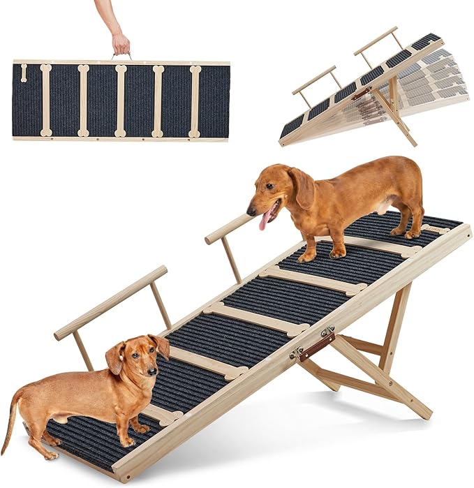 Wooden Dog Ramp for High Bed, 47.2" Long Non-Slip Dog Ramp for Couch, 6 Adjustable Heights from 15.7" to 28" with Side Rails Anti-Slip Traction Mat for Small Medium Large Dogs(Up to 160 Lbs)