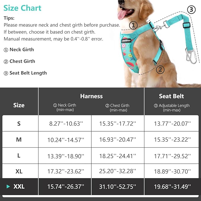 Dog Vehicle Safety Vest Harness, Adjustable Soft Padded Mesh Car Seat Belt Leash Harness with Travel Strap and Carabiner for Most Cars, XXL Size, Lake Blue Flower