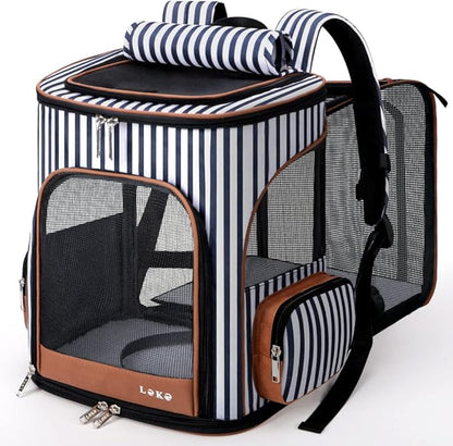 Lekereise Cat Backpack Expandable Pet Backpack Carrier for Small Dogs Cats, Dog Backpack Bag with Breathable Mesh and Inner Safety Leash, Striped