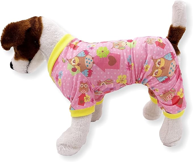 Dog Pajamas Soft COTTON Blend Jumpsuit Cute Pet Clothes for Small Medium Pet (Pink Owls, S: Length 12", Chest 14" - 17")