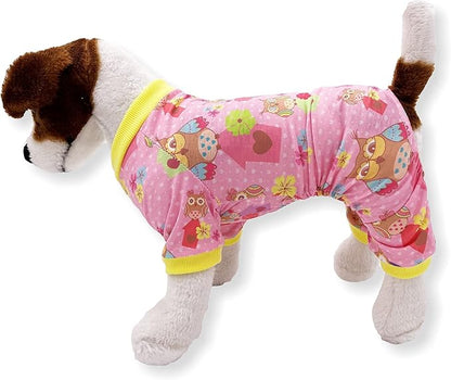 Dog Pajamas Soft COTTON Blend Jumpsuit Cute Pet Clothes for Small Medium Pet (Pink Owls, S: Length 12", Chest 14" - 17")