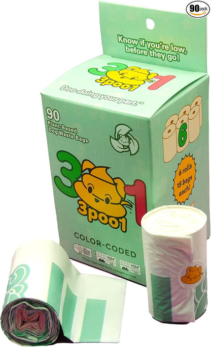 Color-Coded Dog Poop Bags 90 bags (6 rolls)