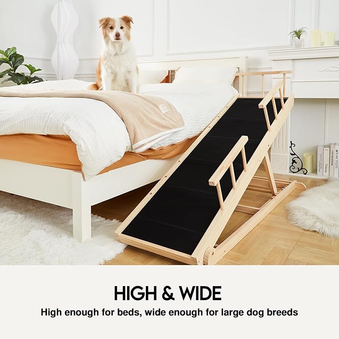 Woohoo Dog Ramp for Bed - Non-Slip Rubber Surface - Folding Wooden Pet Ramp for Dogs to Get on Bed - Dog Ramp for Large, Small, Old Dogs - Adjustable up to 30 inch High Beds, Safety Railings