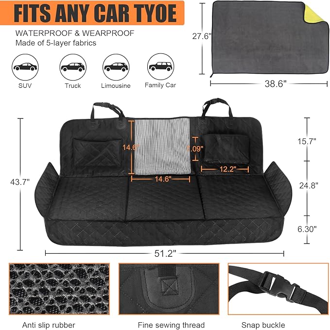 Back Seat Extender for Dogs Hard Bottom Dog Car Seat Cover for Back Seat Dog Seat Extender-Supports up to 330lbs-Dog Hammock for Camping & Travel