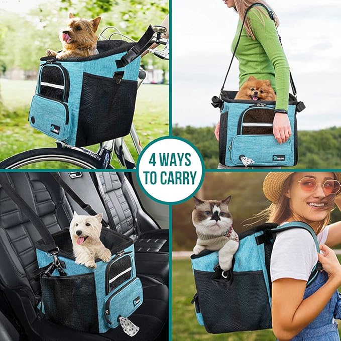 PetAmi Dog Bike Basket, Soft-sided Ventilated Dog Bike Carrier Backpack, Dog Pet Bicycle Basket for Bike Handlebar, Small Medium Puppy Cat Kitten Car Booster Seat with Safety Strap (Teal Blue)