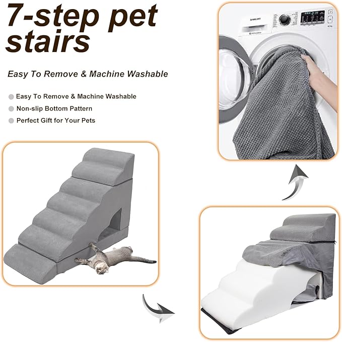 34 inches Dog Steps for High Bed, Extra Wide 7 Tier Dog Stairs/Steps for Small Dogs, Non-Slip Pet Ramp/Ladder for Injured Pets, Older Dogs, and Small Pets