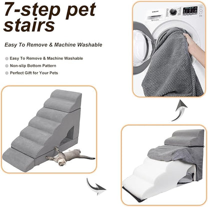 34 inches Dog Steps for High Bed, Extra Wide 7 Tier Dog Stairs/Steps for Small Dogs, Non-Slip Pet Ramp/Ladder for Injured Pets, Older Dogs, and Small Pets