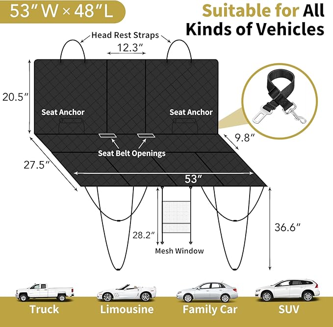 Easy-Going Waterproof Back Seat Extender for Dogs (53"x48", Black)
