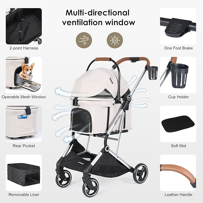 T3 Pro Pet Stroller 3 in 1 Dog Cat Stroller for Small Medium Dogs Cats