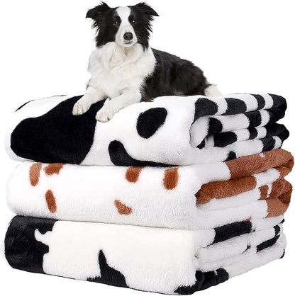 Rezutan Dog Blankets for Largel Dogs,3 Pack Dog Cat Soft Fuzzy Blankets Washable,Comfort Flannel Cow Print,Fuzzy Soft Pet Mat Blankets,Pet Blanket,Reversible Print,42x32 inch Brown White Cow Print.