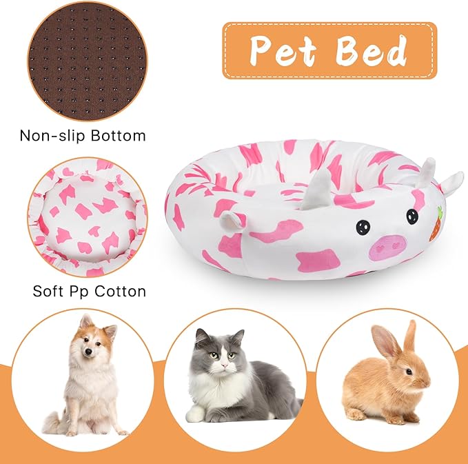 26" Strawberry Cow Pet Bed, Calming Dog & Cat Plush Bed, Fulffy Comfy Padded Cat Mat Plush Pet Bed, Non-Slip Bottom, Soft Washable Sleeping Dog Cot for Medium Small Dogs Cat Puppy Kitty