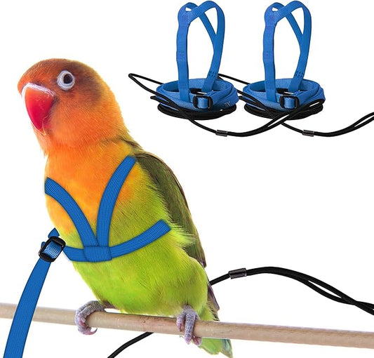 2 pcs Pet Parrot Bird Harness and Leash, Adjustable Training Design Anti-Bite, Outdoor Flying Training Rope Kit for Bird Parrots Fits Birds Chest Between24-51cm /9.45-20inch - M (Blue)