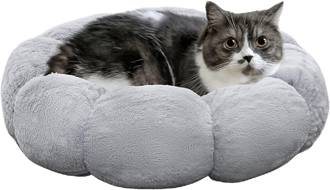 Cat Beds for Indoor Cats, Machine Washable Non-Skid, Fluffy Flower Cat Bed Cute, Anti Anxiety Dog Beds for Toy Size Dogs, 20 * 20 Inches, Grey