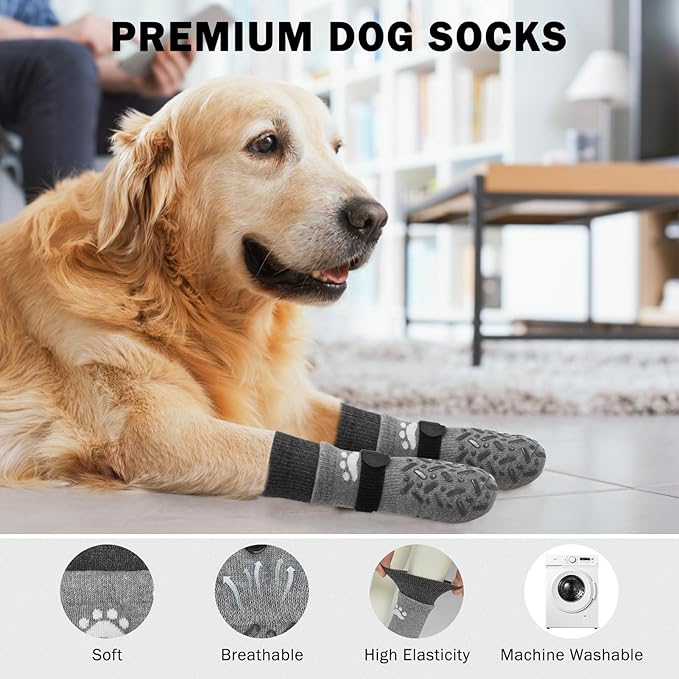 SCENEREAL Dog Socks to Prevent Licking Paws for Hot Pavement, Anti Slip Long Dog Grip Socks for Hardwood Floors, Dog Shoes Booties&Paw Protector for Small Medium Large Senior Dog, Pet Socks for Wounds