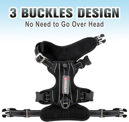 BARKBAY No Pull Dog Harness 3 Buckles Large Step in Reflective Dog Harness with Front Clip and Easy Control Handle for Walking Training Running with ID tag Pocket(Black