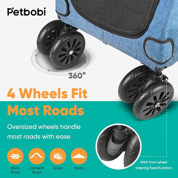 Petbobi Dog Stroller for Large Dogs 4 Rubber 2 Medium 120lbs, Blue