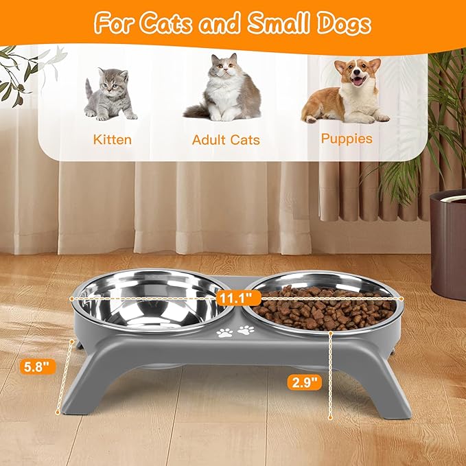 Elevated Cat Bowls - Anti-Vomiting Raised Cat Bowl Stand with 2 Thick Stainless Steel Cat Bowls Non-Slip for Small Medium Indoor Cats & Puppies, Dishwasher Safe Grey