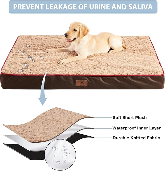 WNPETHOME Orthopedic Large Dog Bed, Dog Bed for Large Dogs with Egg Foam Crate Pet Bed with Soft Rose Plush Waterproof Dog Bed Cover Washable Removable（Dog Bed Large 36 x 27 x 3 inch Brown）