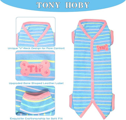 TONY HOBY Female Dog Pajamas, Dog Thermal Pajamas with Stripe, Dog Jumpsuit Pet Clothes for Small Medium Dog (Light Blue, Girl, XS)