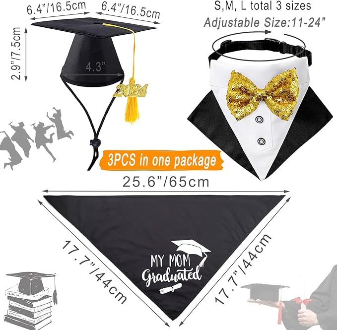 Pet Graduation Cap Dog Bandanas Collar Costume 3Pack Graduation Hat Triangle Scarf Grad Outfit Accessory for Dogs Cat Formal Tux Clothes with Bowtie Holiday Party Apparel (3PCS Gard Tux Set