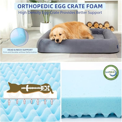 pettycare Orthopedic Dog Bed for Large Dogs Waterproof Pet Bed Soft Sofa with Two Fabrics Washable Removable Cover Egg Foam Support Anti-Slip Bottom Extra Head and Neck Support Sleeper